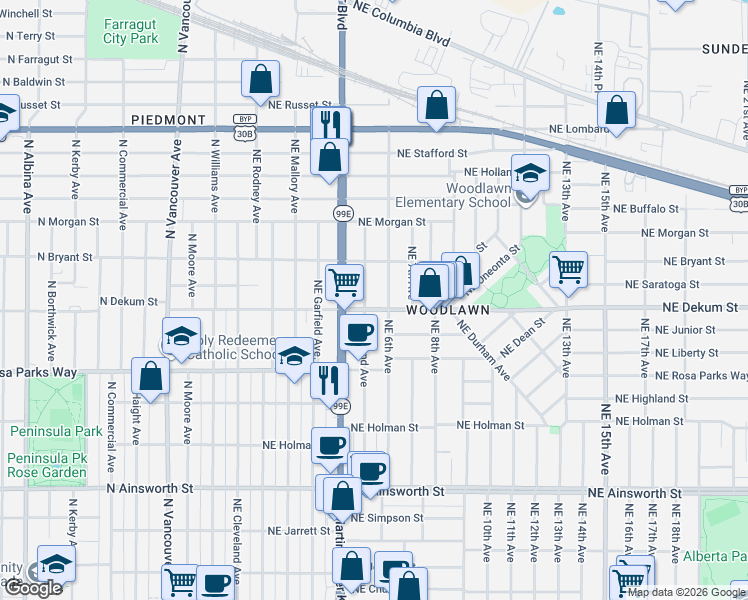 map of restaurants, bars, coffee shops, grocery stores, and more near 6629 Northeast 6th Avenue in Portland