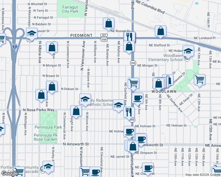 map of restaurants, bars, coffee shops, grocery stores, and more near 6720 Northeast Rodney Avenue in Portland