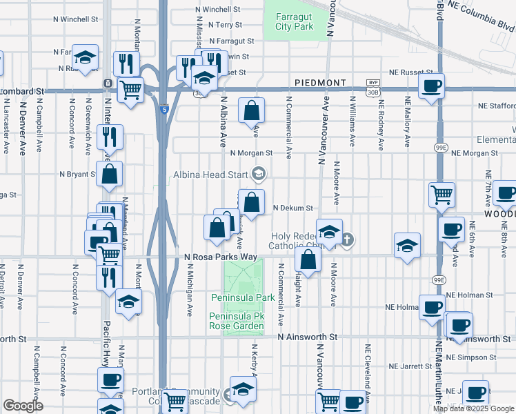 map of restaurants, bars, coffee shops, grocery stores, and more near 6721 North Kerby Avenue in Portland