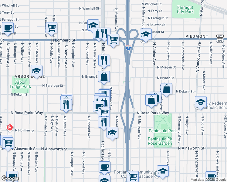 map of restaurants, bars, coffee shops, grocery stores, and more near 6712 North Maryland Avenue in Portland