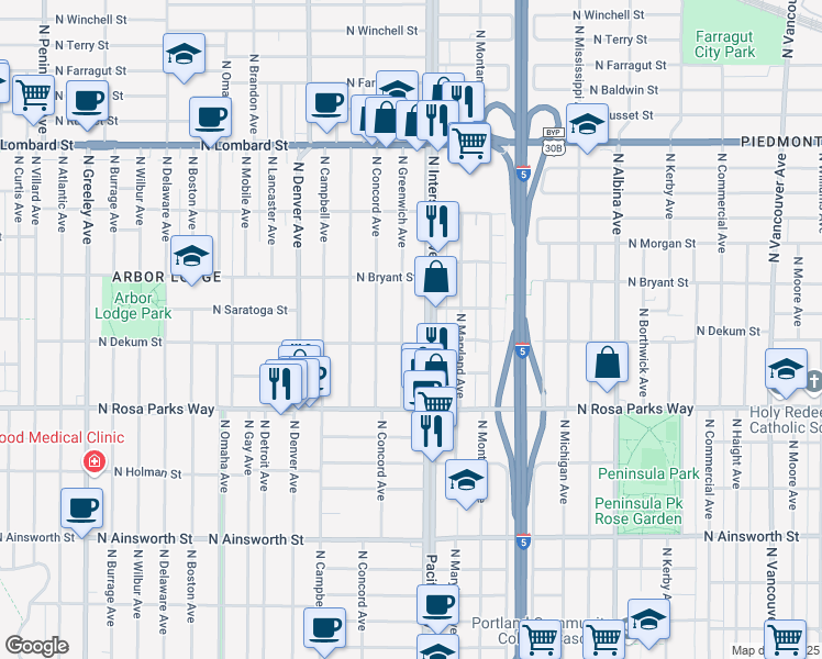 map of restaurants, bars, coffee shops, grocery stores, and more near 1604 North Dekum Street in Portland