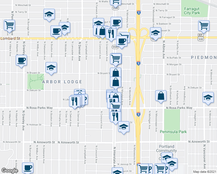 map of restaurants, bars, coffee shops, grocery stores, and more near 1604 North Dekum Street in Portland