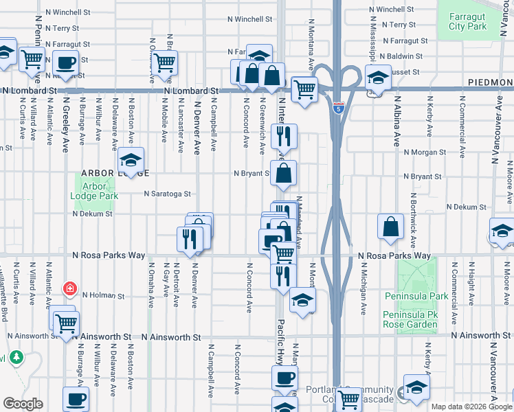 map of restaurants, bars, coffee shops, grocery stores, and more near 1604 North Dekum Street in Portland