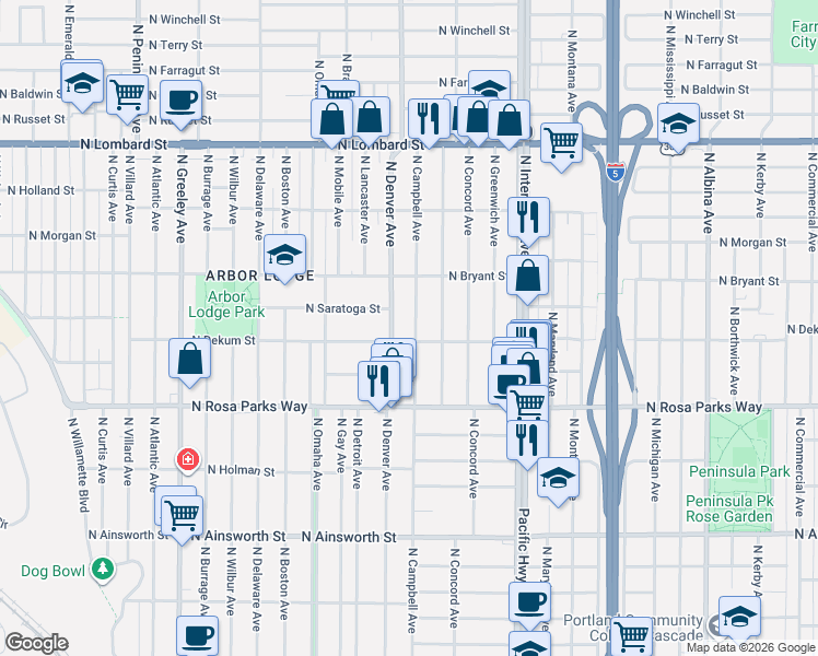 map of restaurants, bars, coffee shops, grocery stores, and more near 1904 North Dekum Street in Portland