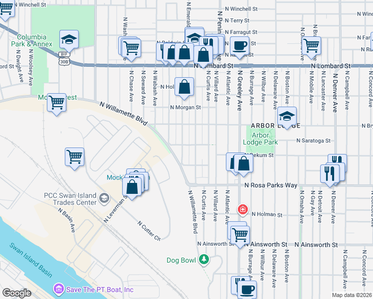 map of restaurants, bars, coffee shops, grocery stores, and more near 6716 North Oatman Avenue in Portland