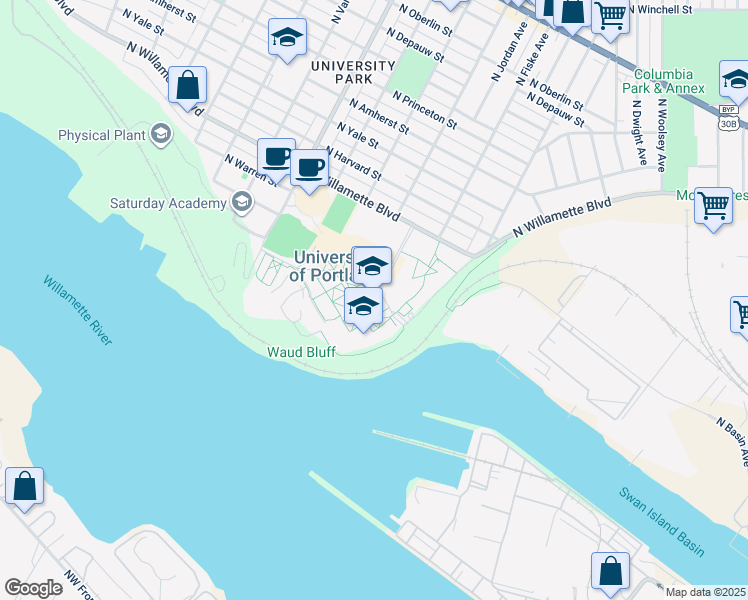 map of restaurants, bars, coffee shops, grocery stores, and more near 5000 North Willamette Boulevard in Portland