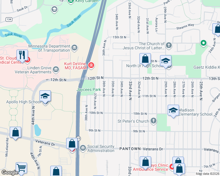 map of restaurants, bars, coffee shops, grocery stores, and more near 3519 11th Street North in St. Cloud