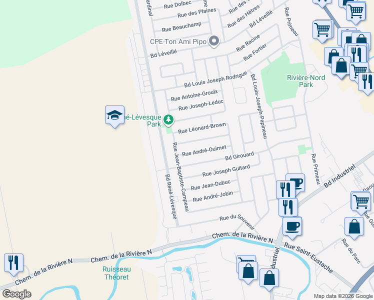 map of restaurants, bars, coffee shops, grocery stores, and more near 319 Rue André-Ouimet in Saint-Eustache