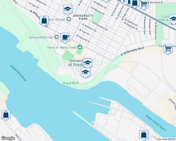 map of restaurants, bars, coffee shops, grocery stores, and more near 5000 North Willamette Boulevard in Portland
