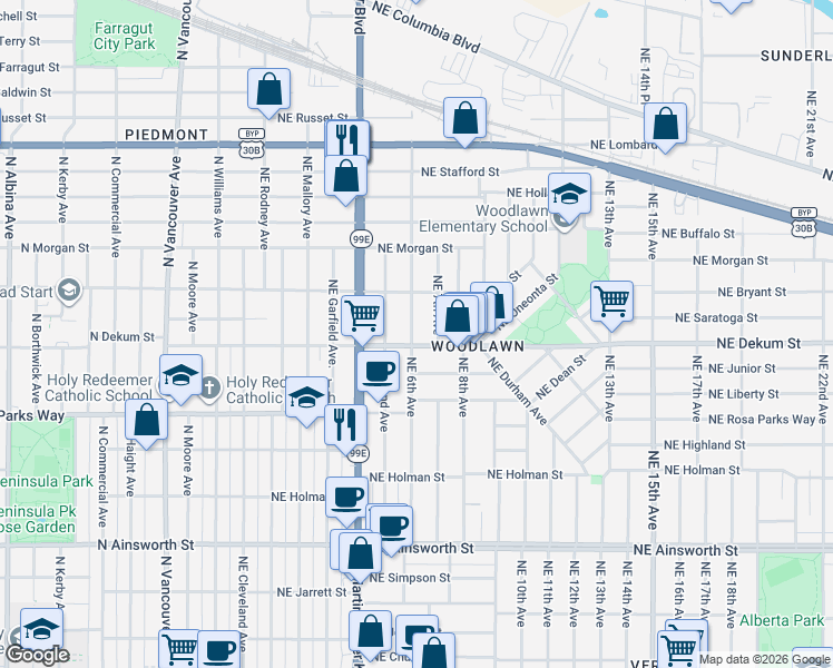 map of restaurants, bars, coffee shops, grocery stores, and more near 6812 Northeast 6th Avenue in Portland