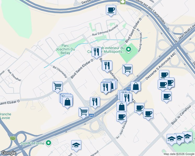 map of restaurants, bars, coffee shops, grocery stores, and more near 3449 Avenue Jacques-Bureau in Laval