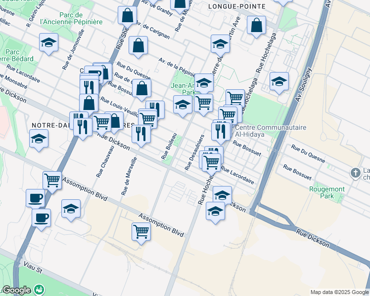 map of restaurants, bars, coffee shops, grocery stores, and more near 2683 Rue Lacordaire in Montréal