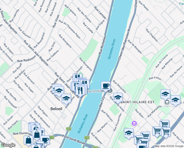 map of restaurants, bars, coffee shops, grocery stores, and more near 1068 Rue Richelieu in Beloeil