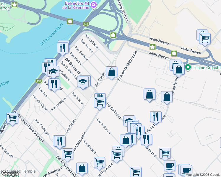 map of restaurants, bars, coffee shops, grocery stores, and more near 2295 Rue de la Métropole in Longueuil