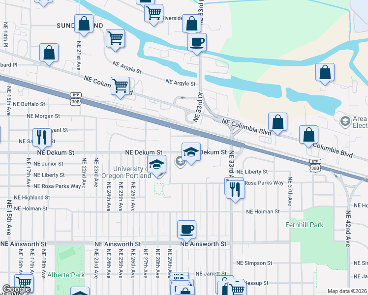 map of restaurants, bars, coffee shops, grocery stores, and more near 3005 Northeast Dekum Street in Portland