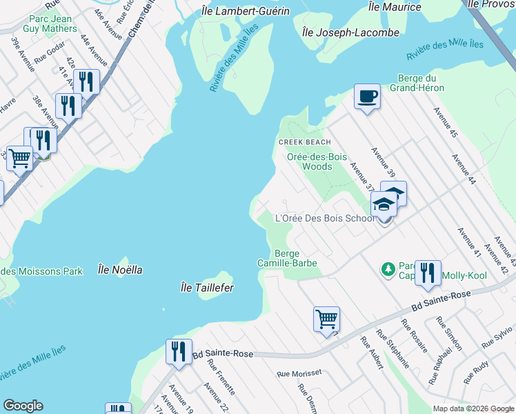 map of restaurants, bars, coffee shops, grocery stores, and more near 1341 Rue du Phare in Laval