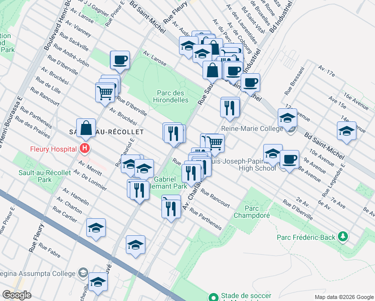 map of restaurants, bars, coffee shops, grocery stores, and more near 9695 Avenue Bruchési in Montrã©Al