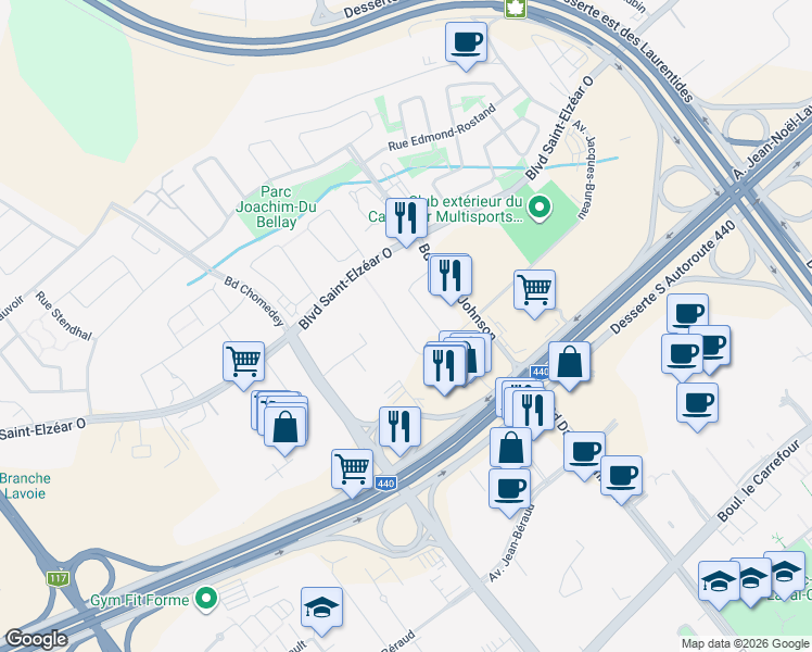 map of restaurants, bars, coffee shops, grocery stores, and more near 3449 Avenue Jacques-Bureau in Laval