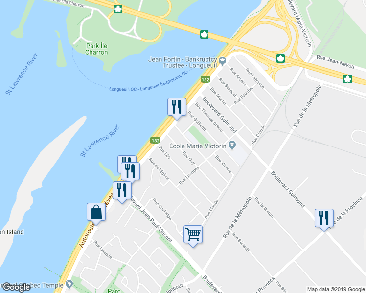 map of restaurants, bars, coffee shops, grocery stores, and more near 63 Rue Guy in Longueuil