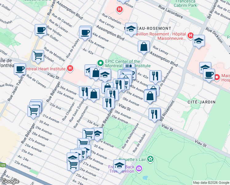 map of restaurants, bars, coffee shops, grocery stores, and more near 6545 38e Avenue in Montréal