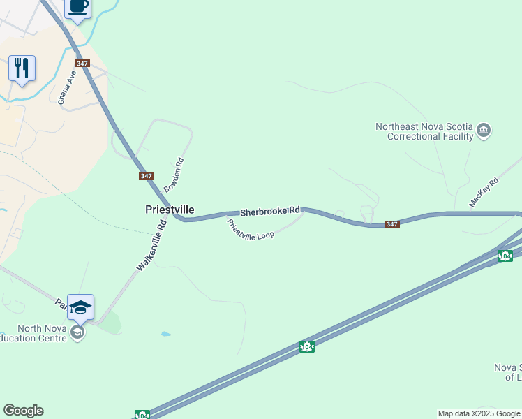 map of restaurants, bars, coffee shops, grocery stores, and more near 10377 Sherbrooke Road in New Glasgow