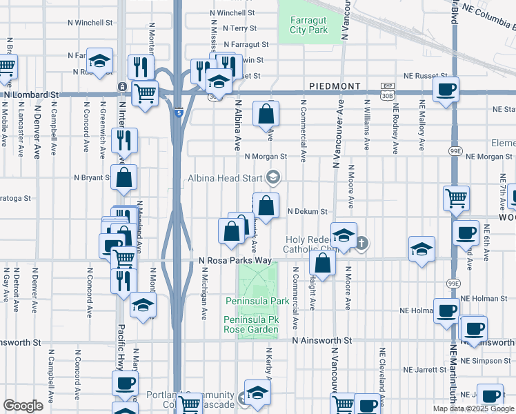 map of restaurants, bars, coffee shops, grocery stores, and more near 6822 North Borthwick Avenue in Portland