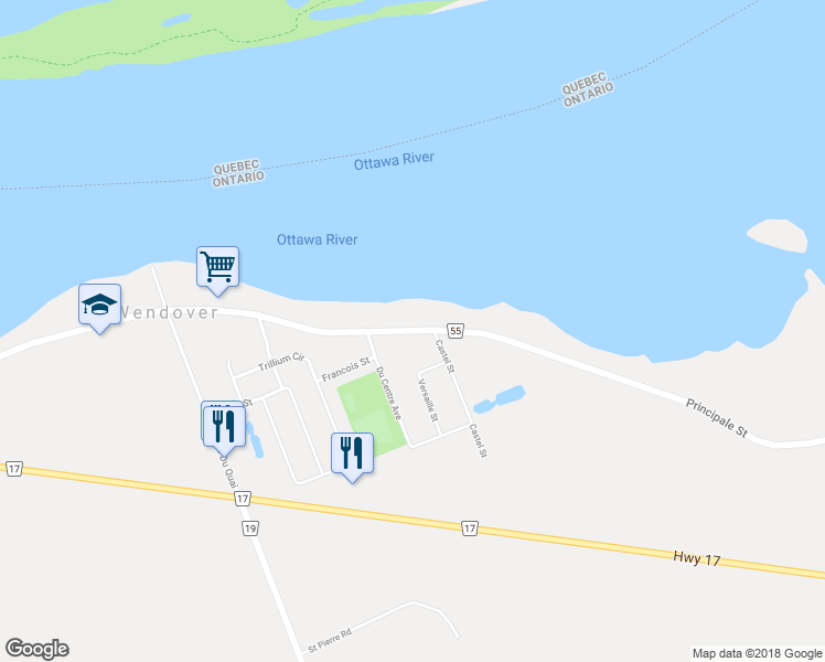 map of restaurants, bars, coffee shops, grocery stores, and more near 3098 Old Highway 17 in Prescott and Russell United Counties