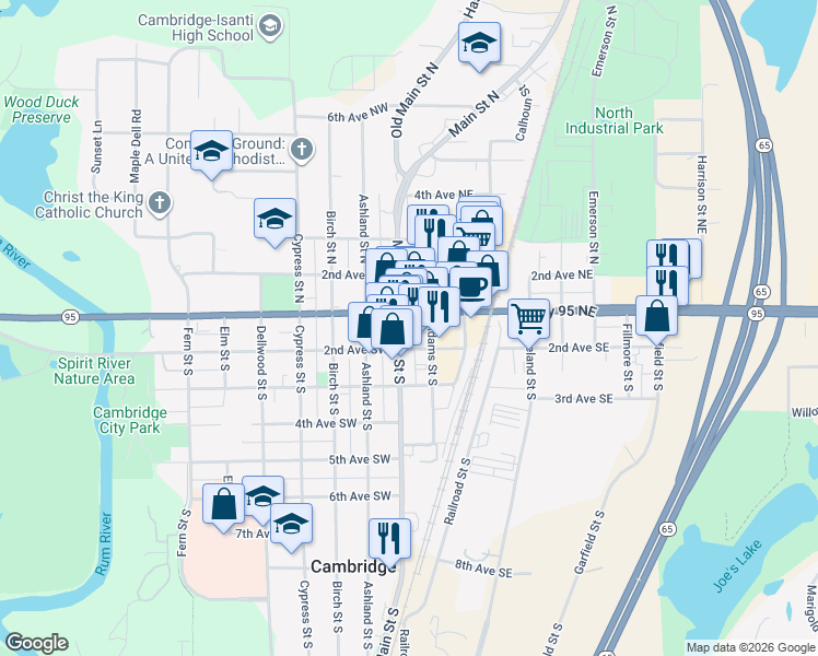 map of restaurants, bars, coffee shops, grocery stores, and more near 129 2nd Avenue Southeast in Cambridge