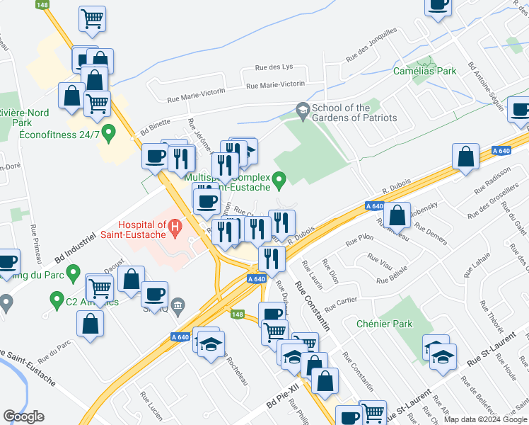map of restaurants, bars, coffee shops, grocery stores, and more near 521 Rue Charbonneau in Saint-Eustache