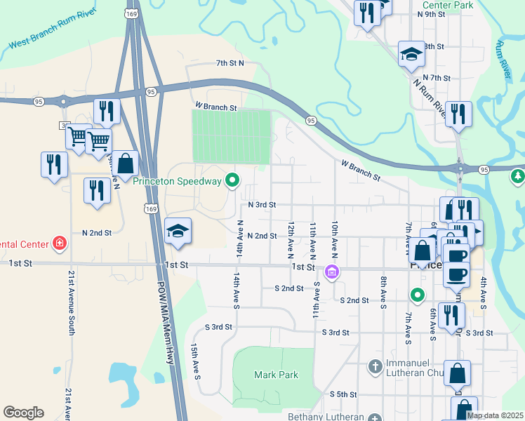 map of restaurants, bars, coffee shops, grocery stores, and more near 303 13th Avenue North in Princeton