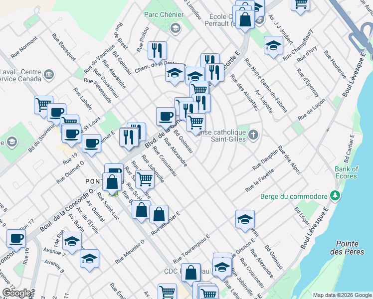 map of restaurants, bars, coffee shops, grocery stores, and more near 326 Boulevard Goineau in Laval