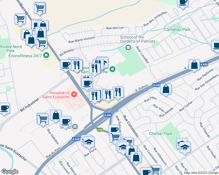 map of restaurants, bars, coffee shops, grocery stores, and more near 529 Rue Charbonneau in Saint-Eustache