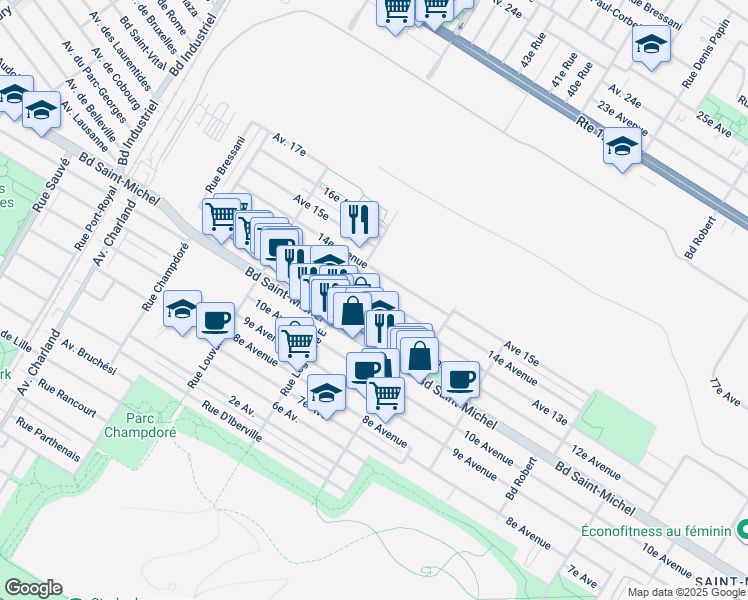 map of restaurants, bars, coffee shops, grocery stores, and more near 8980 13e Avenue in Montréal