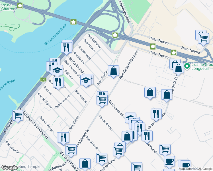 map of restaurants, bars, coffee shops, grocery stores, and more near 2295 Rue de la Métropole in Longueuil