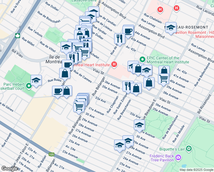 map of restaurants, bars, coffee shops, grocery stores, and more near 6885 35e Avenue in Montréal