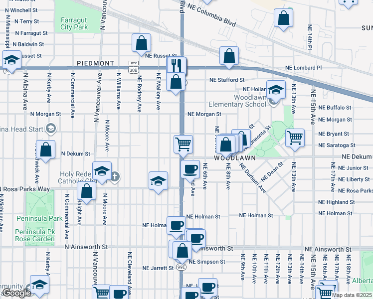 map of restaurants, bars, coffee shops, grocery stores, and more near 6936 Northeast Martin Luther King Junior Boulevard in Portland