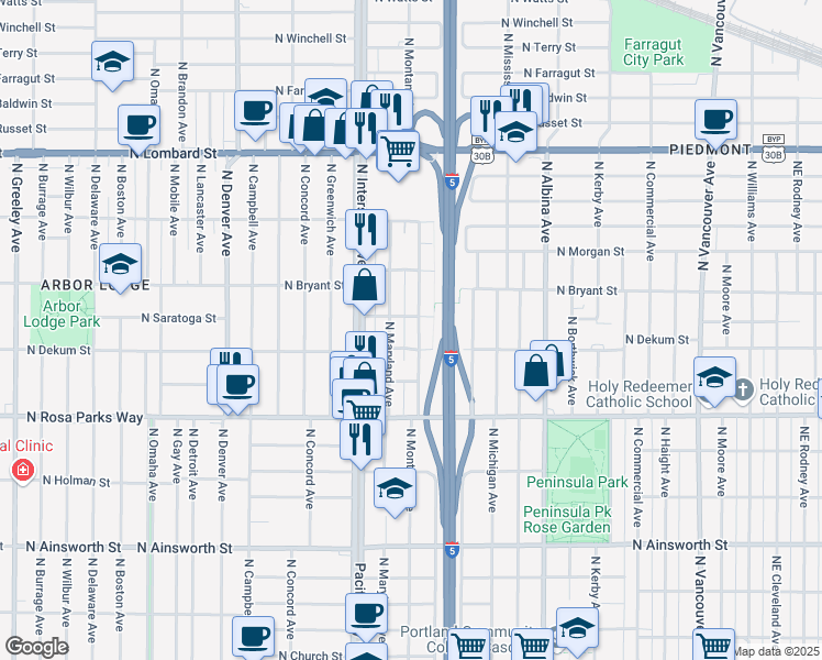 map of restaurants, bars, coffee shops, grocery stores, and more near 1331 North Saratoga Street in Portland