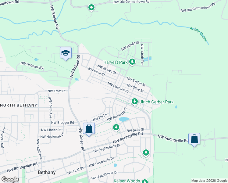 map of restaurants, bars, coffee shops, grocery stores, and more near 15043 Northwest Cosmos Street in Portland
