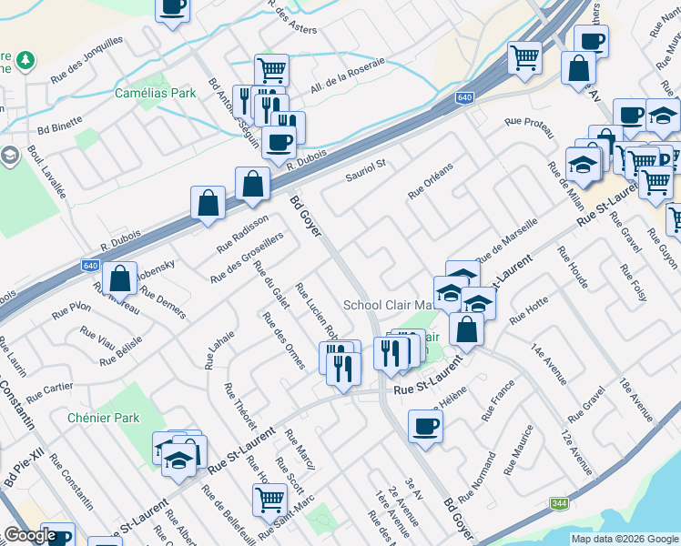 map of restaurants, bars, coffee shops, grocery stores, and more near 304 Boulevard Goyer in Saint-Eustache
