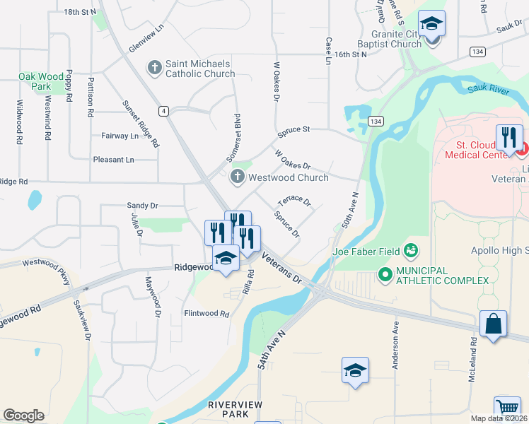 map of restaurants, bars, coffee shops, grocery stores, and more near 944 Spruce Drive in St. Cloud