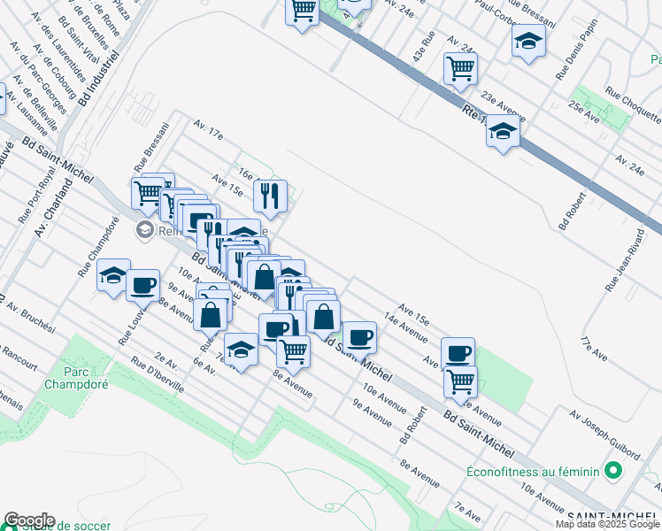 map of restaurants, bars, coffee shops, grocery stores, and more near 8913 14e Avenue in Montréal