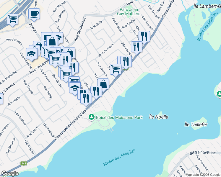 map of restaurants, bars, coffee shops, grocery stores, and more near 296 Chemin de la Grande-Côte in Saint-Eustache