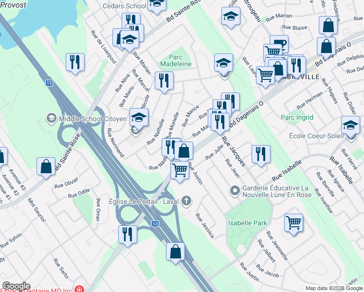 map of restaurants, bars, coffee shops, grocery stores, and more near 3878 Rue Marquette in Laval