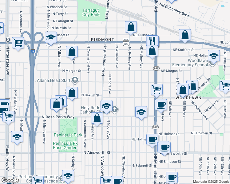 map of restaurants, bars, coffee shops, grocery stores, and more near 6933 North Williams Avenue in Portland