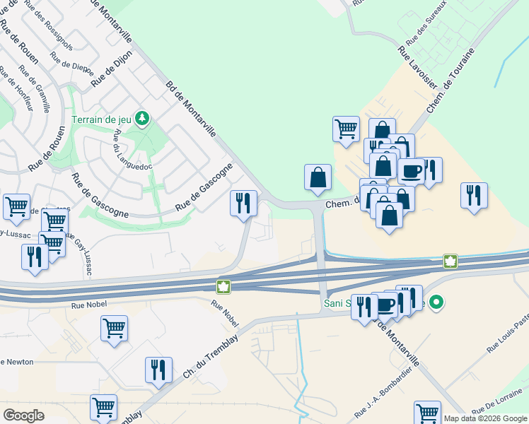 map of restaurants, bars, coffee shops, grocery stores, and more near 1590 Rue Ampère in Boucherville