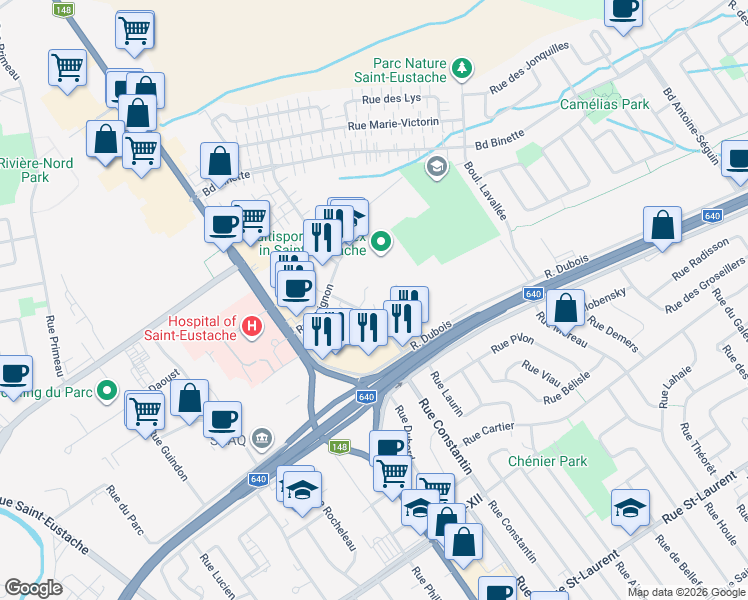 map of restaurants, bars, coffee shops, grocery stores, and more near 525 Rue Charbonneau in Saint-Eustache
