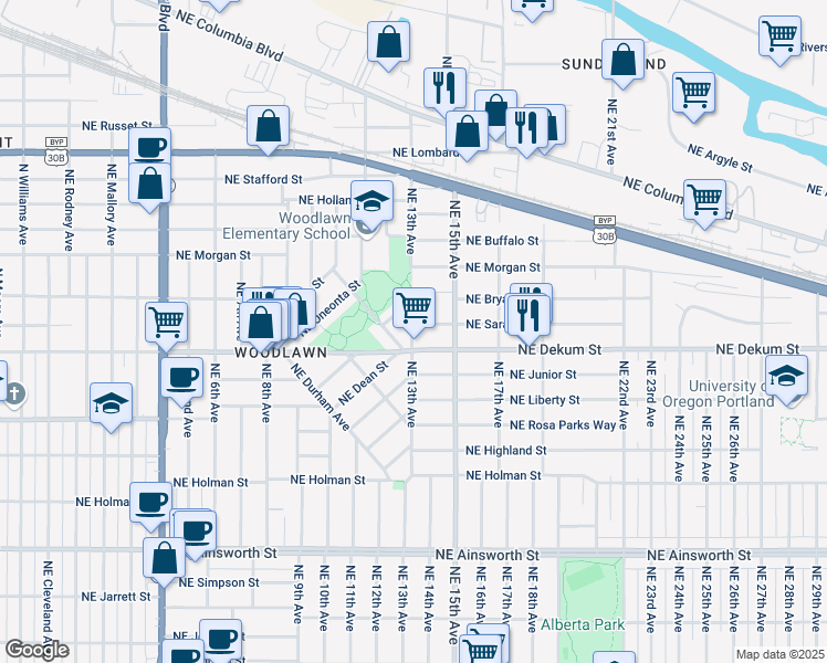 map of restaurants, bars, coffee shops, grocery stores, and more near 6888 Northeast 13th Avenue in Portland