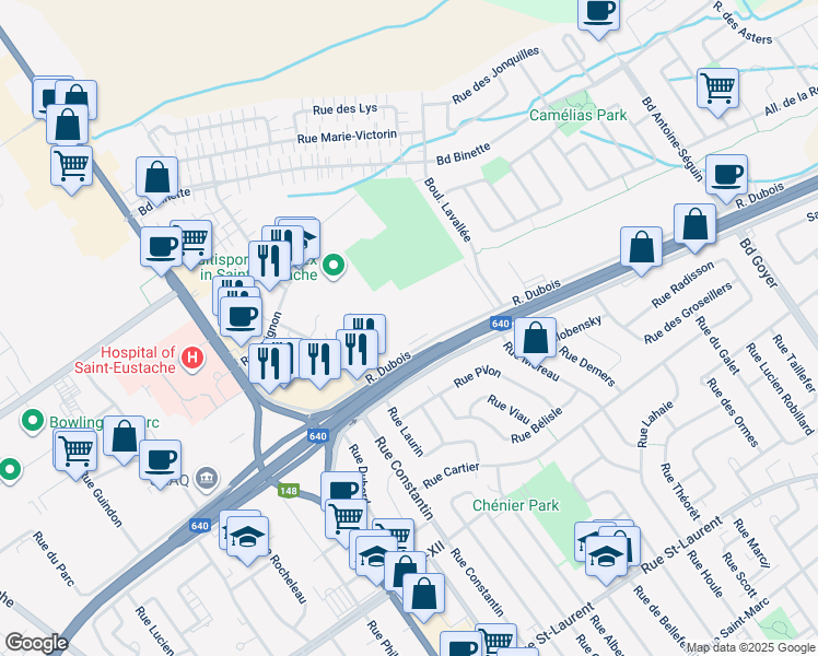 map of restaurants, bars, coffee shops, grocery stores, and more near 120 Rue Dubois in Saint-Eustache