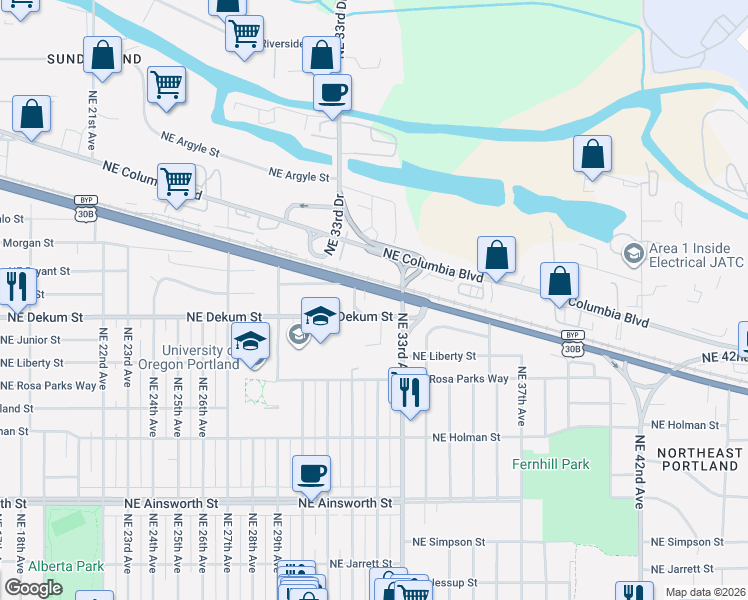 map of restaurants, bars, coffee shops, grocery stores, and more near 3232 Northeast Columbia Boulevard in Portland