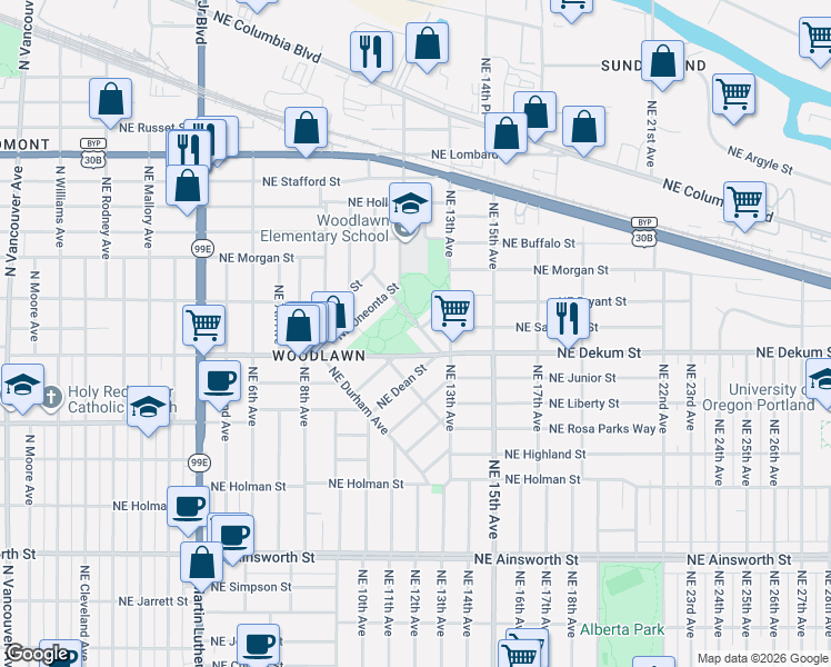 map of restaurants, bars, coffee shops, grocery stores, and more near 1074 Northeast Oneonta Street in Portland